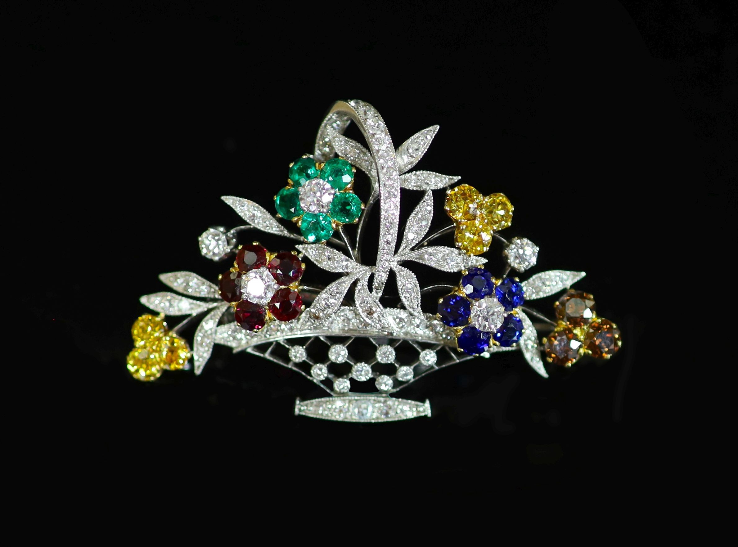 A mid 20th century platinum?, diamond and multi gem set giardinetto brooch